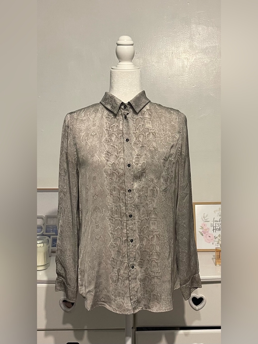 Mango Taupe Snake-Print Button-Down Shirt casual long sleeves size S